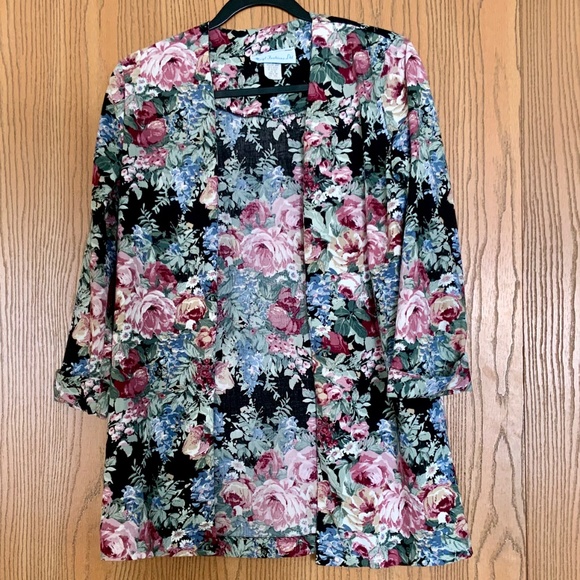 VINTAGE MERYL FASHIONS LTD FLORAL OPEN FRONT CUFFED 3/4 SLEEVE BLAZER JACKET 8 - Picture 2 of 5